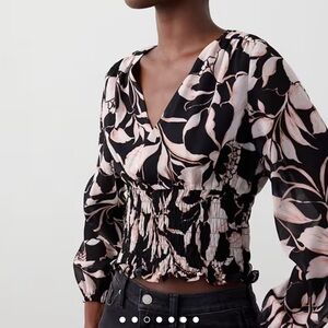 NWT-Banana Republic Black and Blush Floral V-Neck Smocked-Waist Blouse